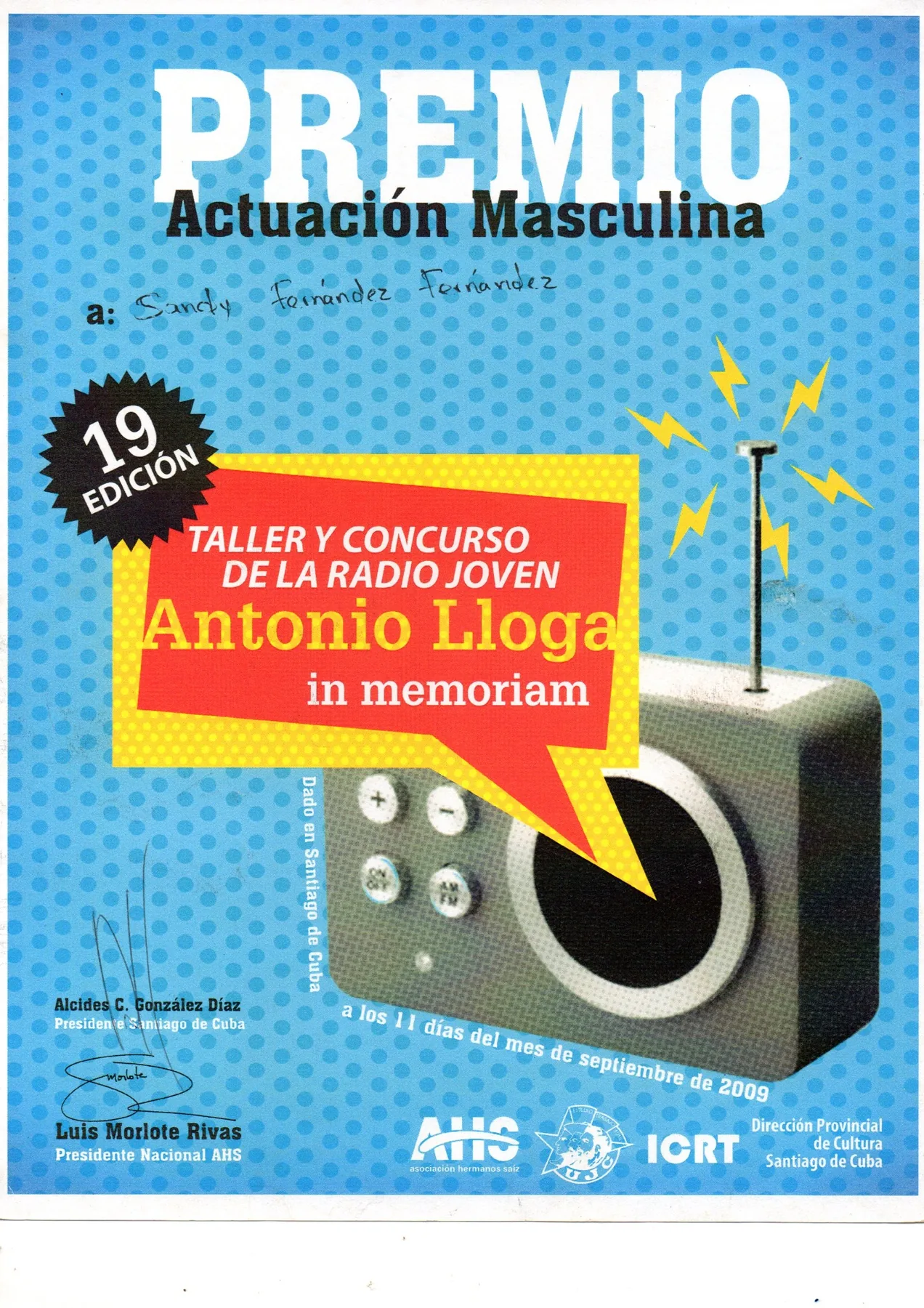 Diploma del Premio de Actuación Masculina Antonio Lloga 2009
